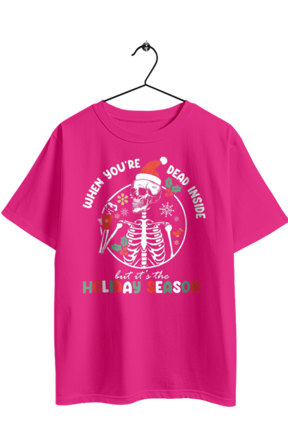 Футболка оверсайз з принтом "Коли ти мертвий усередині, але почалися свята". Christmas, dead inside, актуальне, дед інсайд, мертвий усередині, новий рік, новорічний принт, новорічні свята, різдво, сарказм, скелет. 2070702