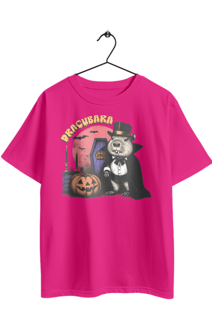 Футболка оверсайз з принтом "Капібара Хелловін". Capybara, halloween, вампір, водосвинка, гарбуз, гризун, капібара, свято, тварина, хелловін. 2070702