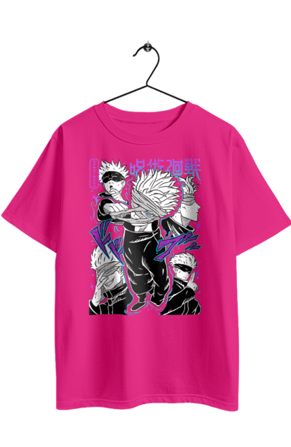 Oversized t-shirt with prints Jujutsu Kaisen Gojo. Anime, dark fantasy, gojo, jujutsu kaisen, magic battle, manga, mystic. 2070702