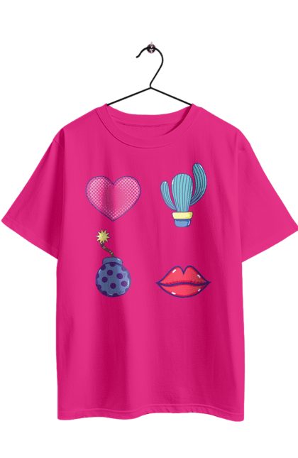 Футболка оверсайз з принтом "Серце, Кактус, Бомба, Губи". Бомба, губи, кактус, серце. 2070702