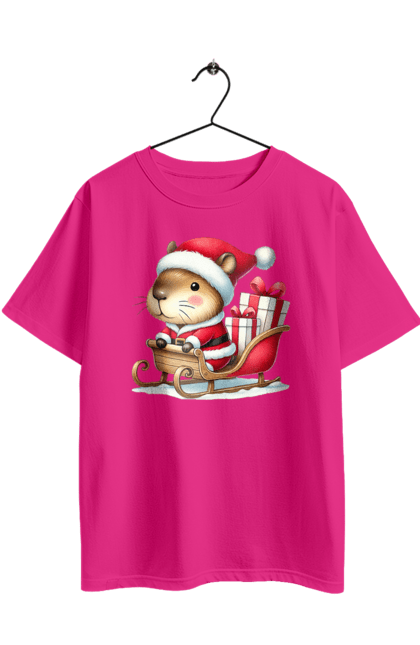 Футболка оверсайз з принтом "Різдвяна капібара з подарунком". Капібара, капібара з подарунком, новий рік, новорічний подарунок, подарунок, різдво, різдвяна капібара, санта, свято, тварина. 2070702