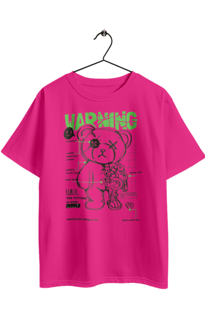 Футболка оверсайз с принтом Робот мишка. Внимание, детали, игрушка, медведь, мишка, предупреждение, робот. 2070702
