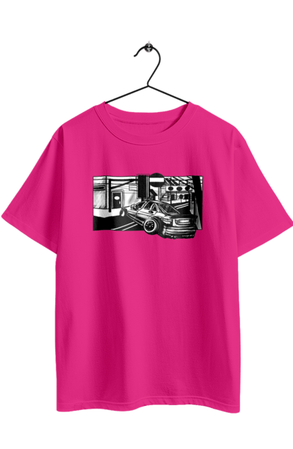 Футболка оверсайз з принтом "Небезпечний Автомобіль на дорогах вулиць". Автомобіль, гонки, машина, небезпечний, чорно білий, швидкий. 2070702