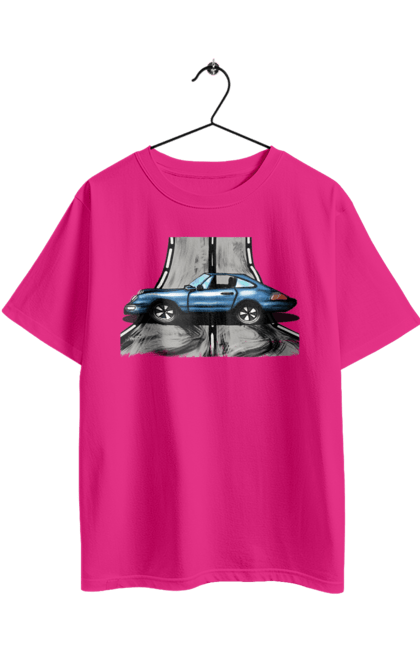 Футболка оверсайз з принтом "Спортивний Автомобіль На Дорозі". Автомобіль, гонки, синій, спортиного, швидкий, швидкісний. 2070702