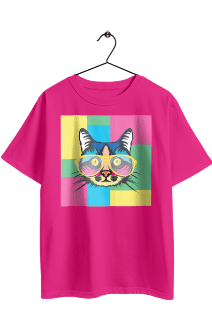 Oversized t-shirt with prints Cat with glasses. Animal, art, bright, cat, cat, glasses, mustache, picture, wool. 2070702