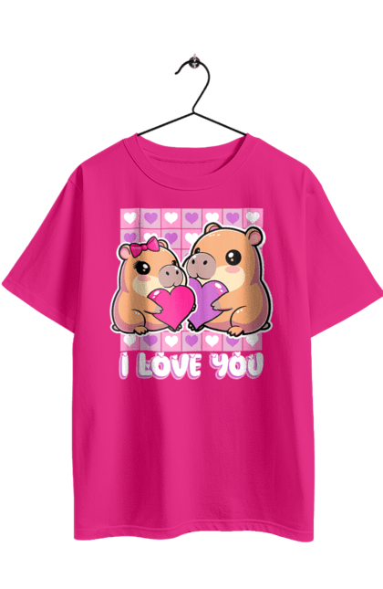 Футболка оверсайз з принтом "Закохана капібара". I love you, валентинка, день святого валентина, капибара, кохання, милі тварини, пара капібар, романтика, романтичний подарунок, серця. 2070702