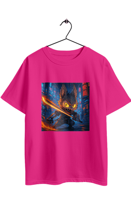 Футболка оверсайз з принтом "Лабубу". Аніместиль, дія, катана, кіберніндзя, кіберпанк, лабубу, меч, неонове місто, очі` що світяться. 2070702