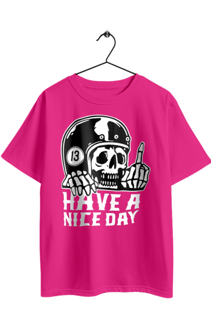 Футболка оверсайз з принтом "Гарного дня". Байкерська, гарного дня, з черепом, тринадцять, фак, череп. 2070702