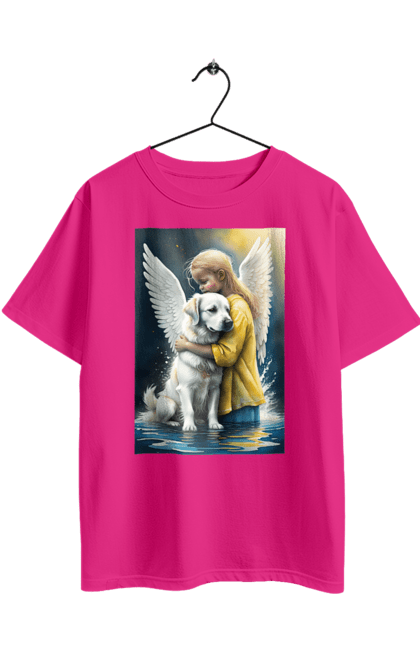 Футболка оверсайз з принтом "Дівчинка та собака ангел [память загиблим тваринам]". Дівчинка та собака, крим, нова каховка, память загиблим тваринам, собака ангел, україна, херсон. 2070702