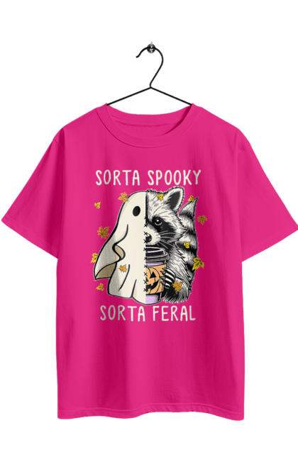 Футболка оверсайз з принтом "Хелловін Привид Єнот". Halloween, гелловін, єнот, жовтень, капощі, ласощі, лякати, привид, свято, хелловін. 2070702