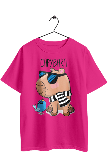 Футболка оверсайз з принтом "Стильна капібара". Капібара, модна капібара, настрій, окуляри, птах, сонячні окуляри, стильна капібара, тварина, шарф у смужку. 2070702