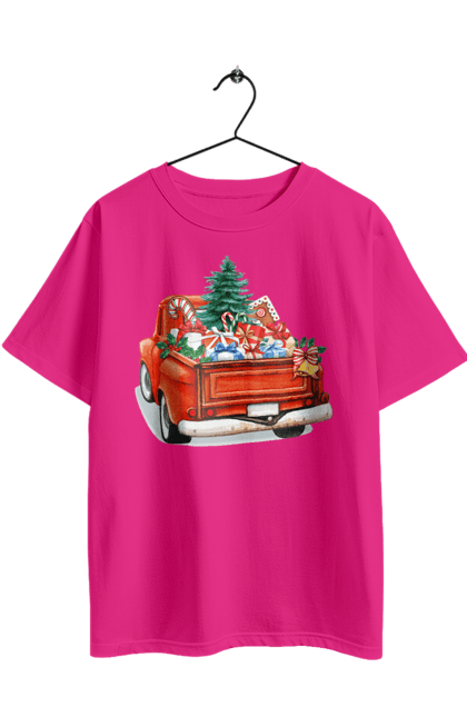 Футболка оверсайз з принтом "Авто з подарунками". Автомобіль, новий рік, подарунки, різдво, санта, ялинка. 2070702