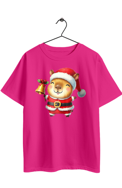 Футболка оверсайз з принтом "Весела капібара з дзвіночком". Дзвіночок, капібара, новий рік, новорічний подарунок, подарунок, різдво, різдвяна капібара, санта, свято, тварина. 2070702
