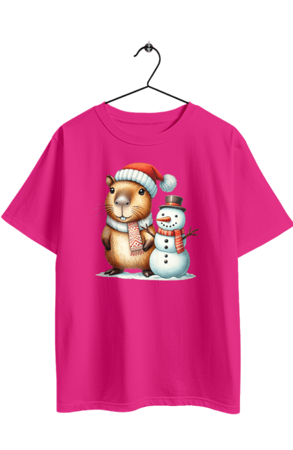 Футболка оверсайз з принтом "Капібара та сніговик". Капібара, новий рік, новорічний подарунок, подарунок, різдво, різдвяна капібара, санта, свято, сніговик, тварина. 2070702