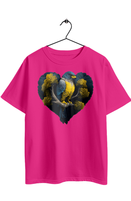 Футболка оверсайз з принтом "Синьо жовтий сокіл". Дерево, прапор україни, серце, символ україни, сокіл, україна. 2070702