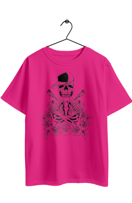 Oversized t-shirt with prints Skeleton with pistols. Black and white, bones, cap, gun, roses, scull, skeleton, teeth. 2070702