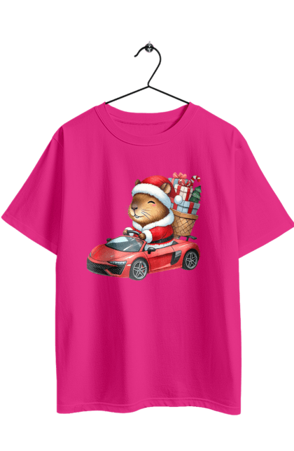 Футболка оверсайз з принтом "Різдвяна капібара з подарунком". Авто, капібара, новий рік, новорічний подарунок, подарунок, різдво, різдвяна капібара, санта, свято, тварина. 2070702