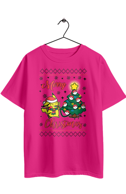Футболка оверсайз з принтом "Пікачу Веселого Різдва!". Christmas, merry christmas, nintendo, pikachu, pokemon, аніме, гра, пікачу, покемон, різдво. 2070702