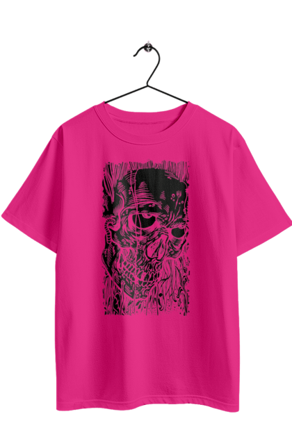 Oversized t-shirt with prints Skull. Black and white, bones, eyes, scull, teeth, worms. 2070702