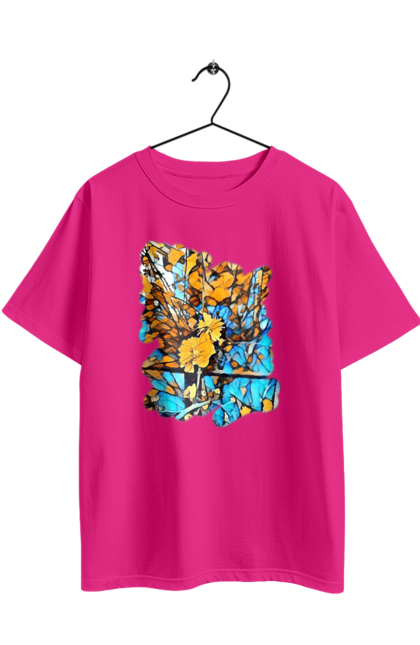 Oversized t-shirt with prints Yellow flowers on a blue background. Art, blue and yellow, blue yellow, drawing, flowers, nature, yellow and blue, yellow blue, yellow flowers. 2070702