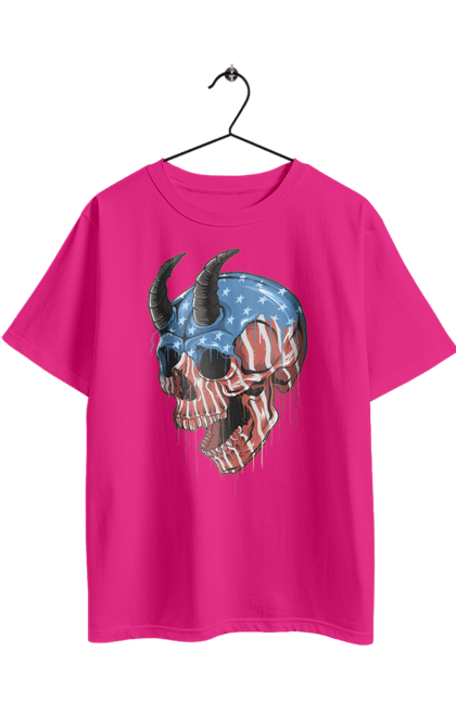 Oversized t-shirt with prints Skull with horns. America, bones, dye, flag, horns, scull, states, teeth, usa. 2070702