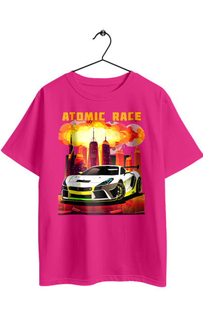 Футболка оверсайз з принтом "Атомна гонка". Авто, автомобіль, атомні перегони, гонки, гоночні машини, спортивна машина, спорткар. 2070702