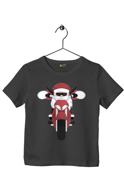 Футболка дитяча з принтом "Санта на мотоциклі". Мотоцикл, новий рік, різдво, санта. 2070702