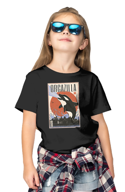 Children's t-shirt with prints Orcazilla. Cartoon style design, graphic, japan print, japanese, japanese art, japanese poster, japanese poster orca, ocean wildlife, orca, orcazilla. 2070702