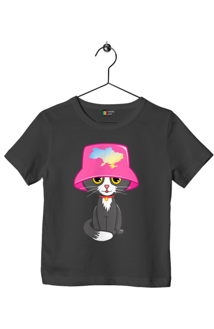 Футболка дитяча з принтом "Котик з картою україни". Євробачення, калош, кіт, котик, музика, панама калоша, символ україни, україна. 2070702