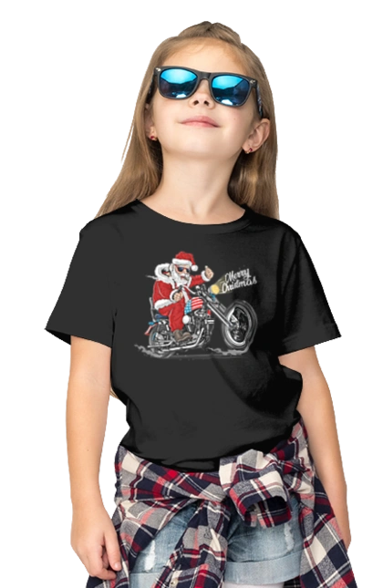 Santa in glasses on a motorcycle