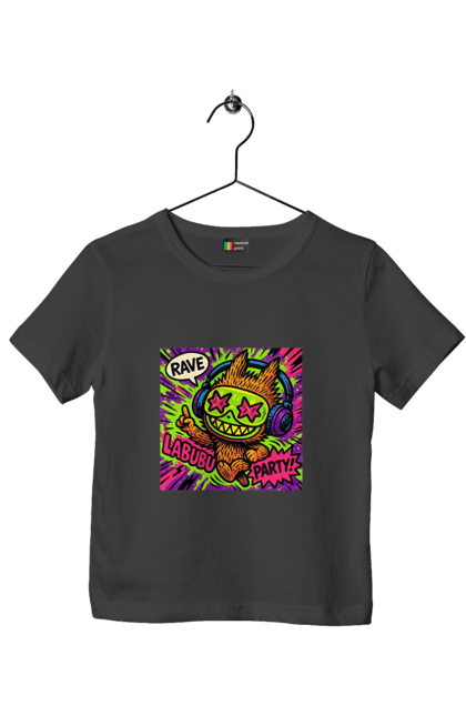 Футболка дитяча з принтом "Лабубу". Вечірка, вуличне мистецтво, графіті, зоряніочі, коміксстиль, лабубу, навушники, неон, попарт, рейв. 2070702