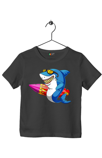 Футболка дитяча з принтом "Акула В Окулярах З Серфінгом". Акула, літо, окуляри, серфінг. 2070702