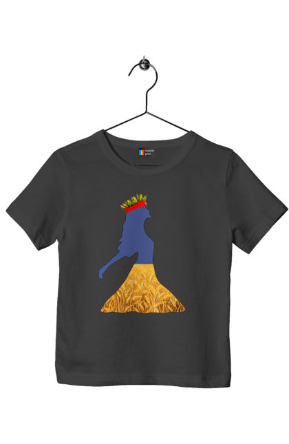 Футболка дитяча з принтом "Україна". Вінок, дівчина, дівчинка, жовтий синій, жовто-блакитне, маки, національні кольори, небо, пшеничне поле. 2070702