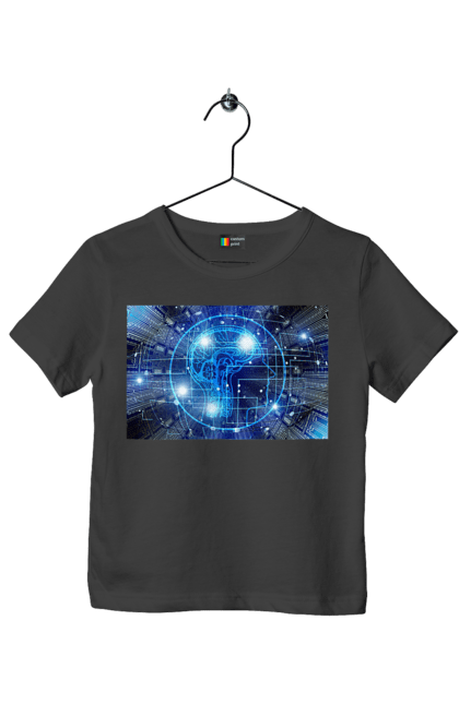 Футболка дитяча з принтом "Штучний інтелект". Айті, айтішник, гік, знання, інженер, інтелект, кібер, кібернетика, кіборг, код, комп, комп`ютерник, кристал, машинне навчання, мікросхема, мозок, портрет, програміст, професіонал, професія, розробник, розум, хакер, чіп, штучний інтелект, штучний розум. 2070702