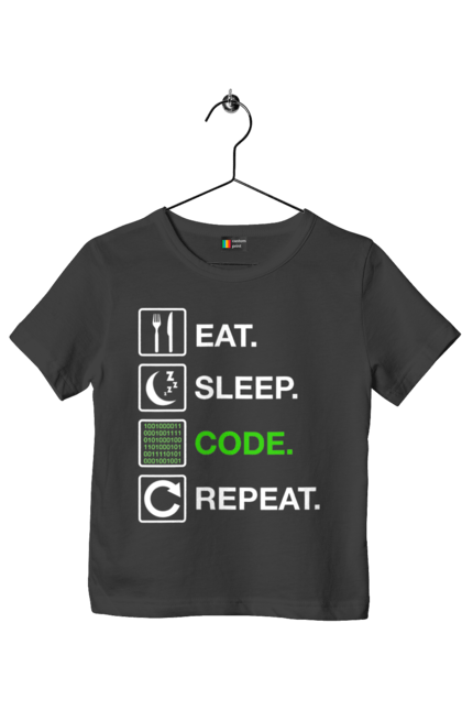 Футболка дитяча з принтом "Їж Cпи Кодуй Повторюй". Айті, айтішник, для айтішника, для програміста, їж спи, кодуй повторюй, подарунок айтішнику, подарунок програмісту, програміст, розробник. 2070702