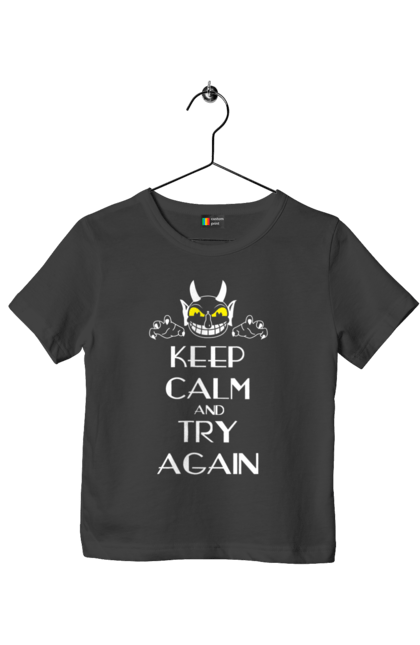 Футболка дитяча з принтом "Зберігай спокій і пробуй ще раз". Keep calm, try again, демон, зберігай спокій, сатана, спокій, чорт. 2070702