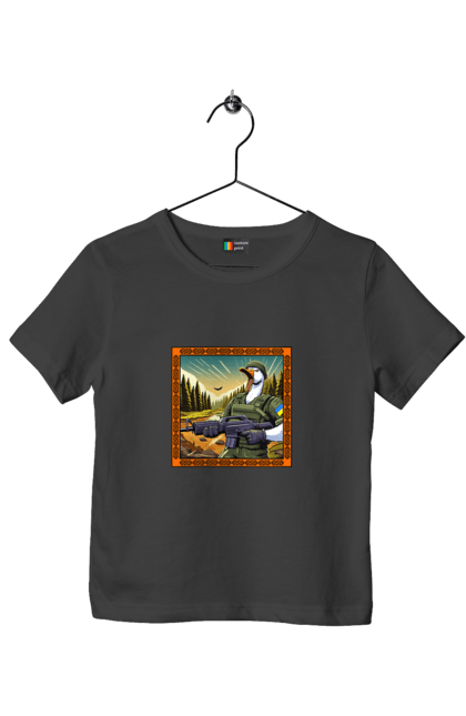 Футболка дитяча з принтом "Гусячий десант". Біологічна зброя, бойові гуси, військовий гусак, гусячий десант, зброєні сили, прапор, символіка, україна. 2070702