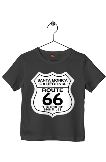 Футболка детская с принтом Route 66. Байк, байкер, байкер клуб, брат, братела, брутал, горячий асфальт, горячий конь, горячий стержень, дорога 50, дорога 66, дорога 80, дороги америки, дороги украины, жажда скорости, клуб байкеров, мотоцикл, мотоциклист, настоящий мужик, скорость, чувак. 2070702