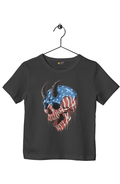 Children's t-shirt with prints Skull with horns. America, bones, dye, flag, horns, scull, states, teeth, usa. 2070702