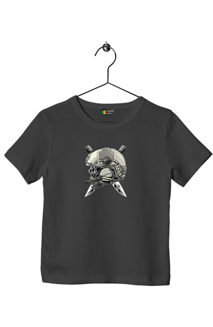 Футболка дитяча з принтом "Череп пілота". Військовий, захисник, ніж, пілот, череп, шолом. 2070702