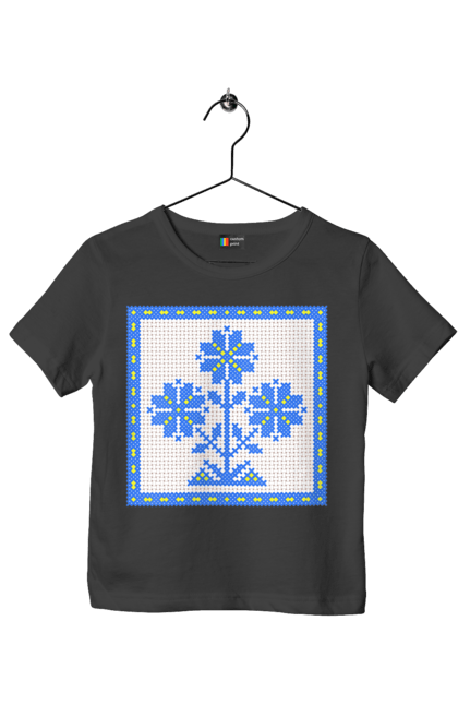Children's t-shirt with prints Yellow blue embroidery flowers. Cross stitch, embroidery, flowers, symbol of ukraine, traditions of ukraine, ukraine. 2070702