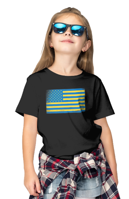 Футболка дитяча з принтом "Український прапор США". Америка, американський прапор, жовто-блакитний, жовто-блакитний прапор, національний, прапор америки, прапор україни, прикол, сполучені штати, сша, україна, український прапор. Print Shop