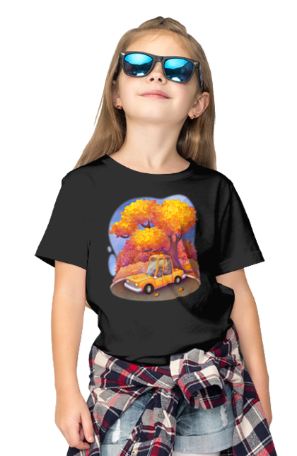 Футболка дитяча з принтом "Осiнь Авто Дерево". Дерево, жовтий мила ілюстрація, машина, осінь, помаранчевий. 2070702