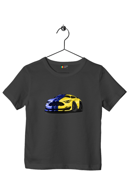 Футболка дитяча з принтом "Український мустанг". Жовто блакитне авто, кольори україни, машина, мустанг, суперкар, форд мустанг, шелбі. 2070702