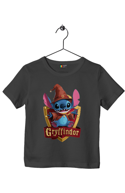 Футболка детская с принтом Стич Гриффиндор. Gryffindor, harry potter, hogwarts, stich, гарри поттер, гриффиндор, стич, факультет, франшиза, хогвартс. 2070702