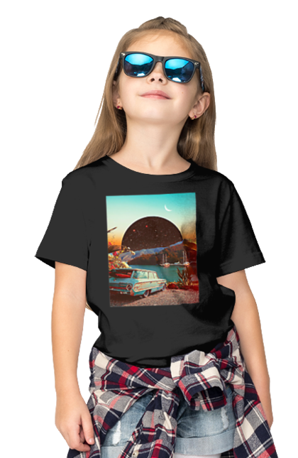 Футболка дитяча з принтом "Картина, машина біля річки". Картина, машина, планета, прикол, ретро, річка. 2070702