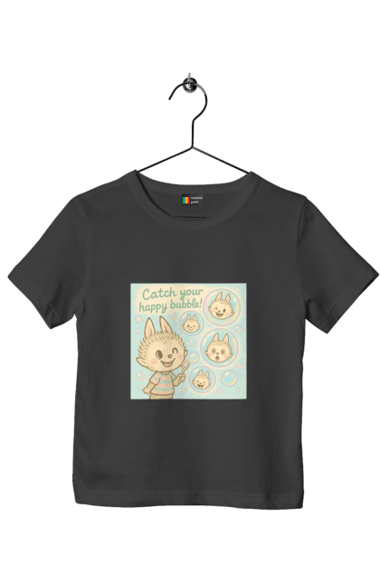 Футболка дитяча з принтом "Лабубу". Бульбашки, грайливо, каваї, казково, лабубу, милаілюстрація, ніжнікольори, пастельнамистецтво, щасливі бульбашки. 2070702