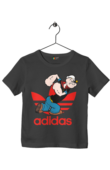 Футболка детская с принтом Adidas Моряк Попай. Adidas, popeye the sailor, адидас, комикс, моряк, мультфильм, сериал, трубка. 2070702