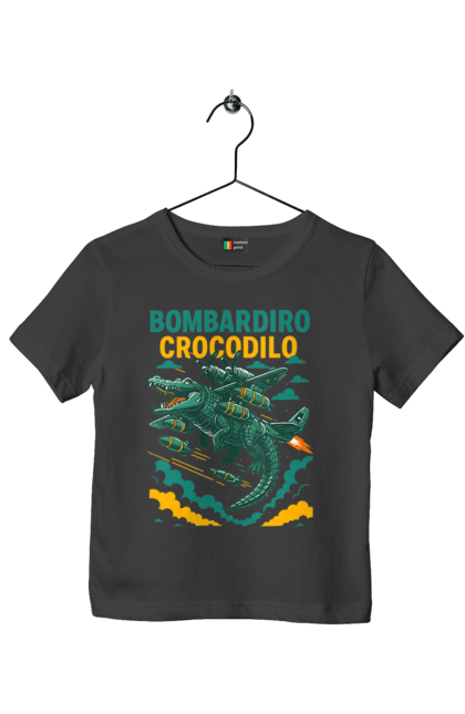 Футболка дитяча з принтом "Bombardino Crocodilo". Bombardino, bombardino crocodilo, crocodilo, бомбардіно крокоділо, крокодил, крокодил літак, крокодил мем, мем, мем бомбардине крокодило. 2070702
