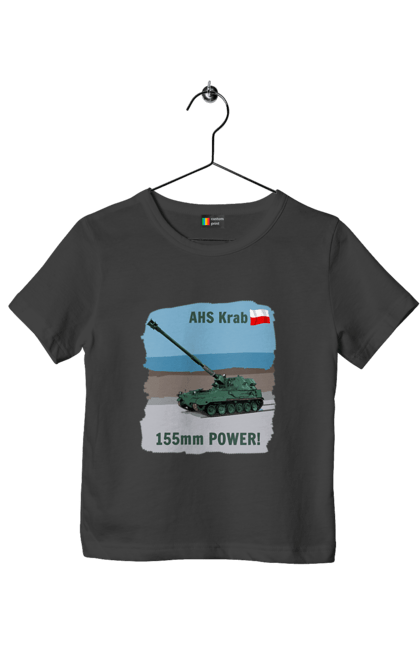 Футболка дитяча з принтом "155mm Power! САУ Krab оливковий". Ahs krab, артилерія, гаубиця, краб, польща, сау. 2070702